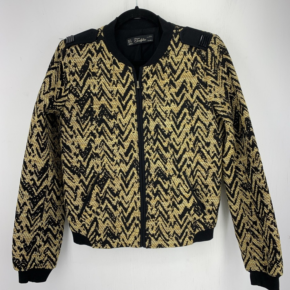 Zara Trafaluc Womens Med Woven Effect Bomber Jacket Funky Tapestry Tweed Cropped